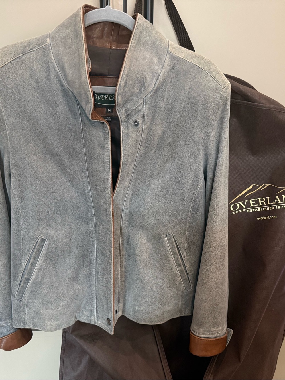 Overland Women's Gray Suede Jacket with Brown Trim